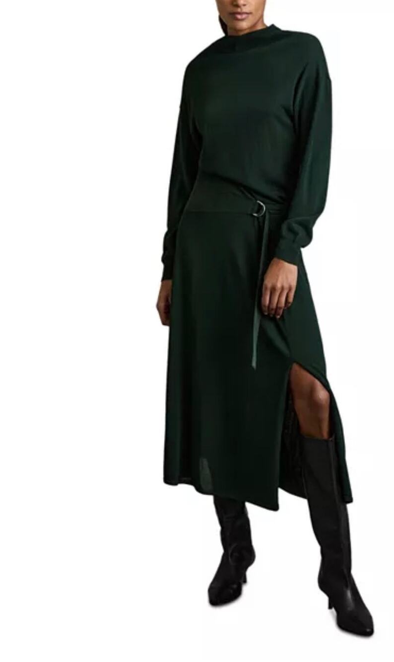REISS Alina Belted Knit Woven dress Size L NWT